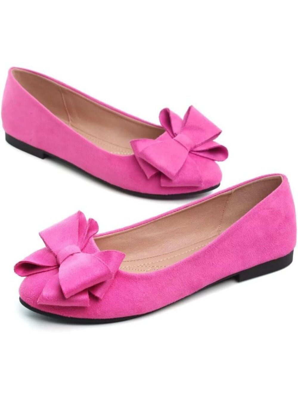 Women's Round Rose Red Suede Fashion Bowknot Flats Comfort Pointed Toe Shoes - Picture 6 of 7